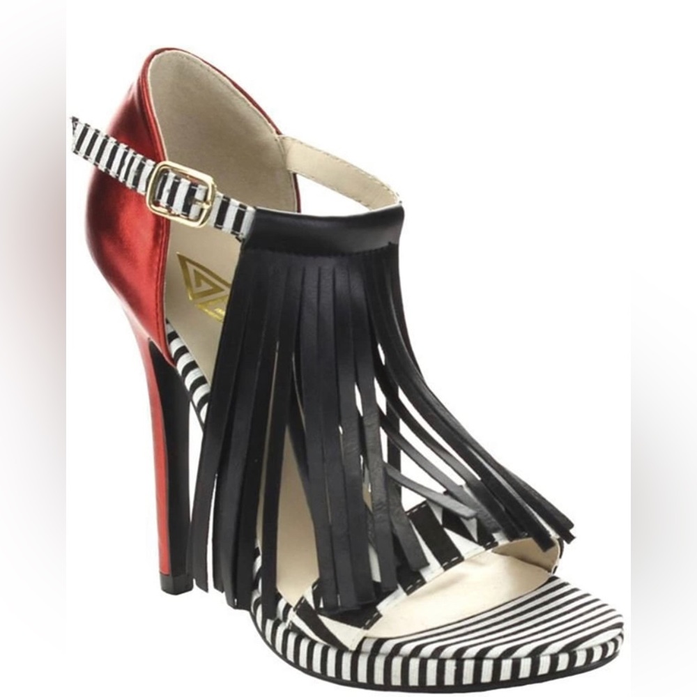 Red, black and white Athena Melisa sexy tribal fringe heels size 7.